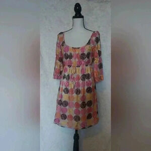 Isle by Melis Korzan Polka Dot Baby Doll Peplum Brown & Pink Dress Size M